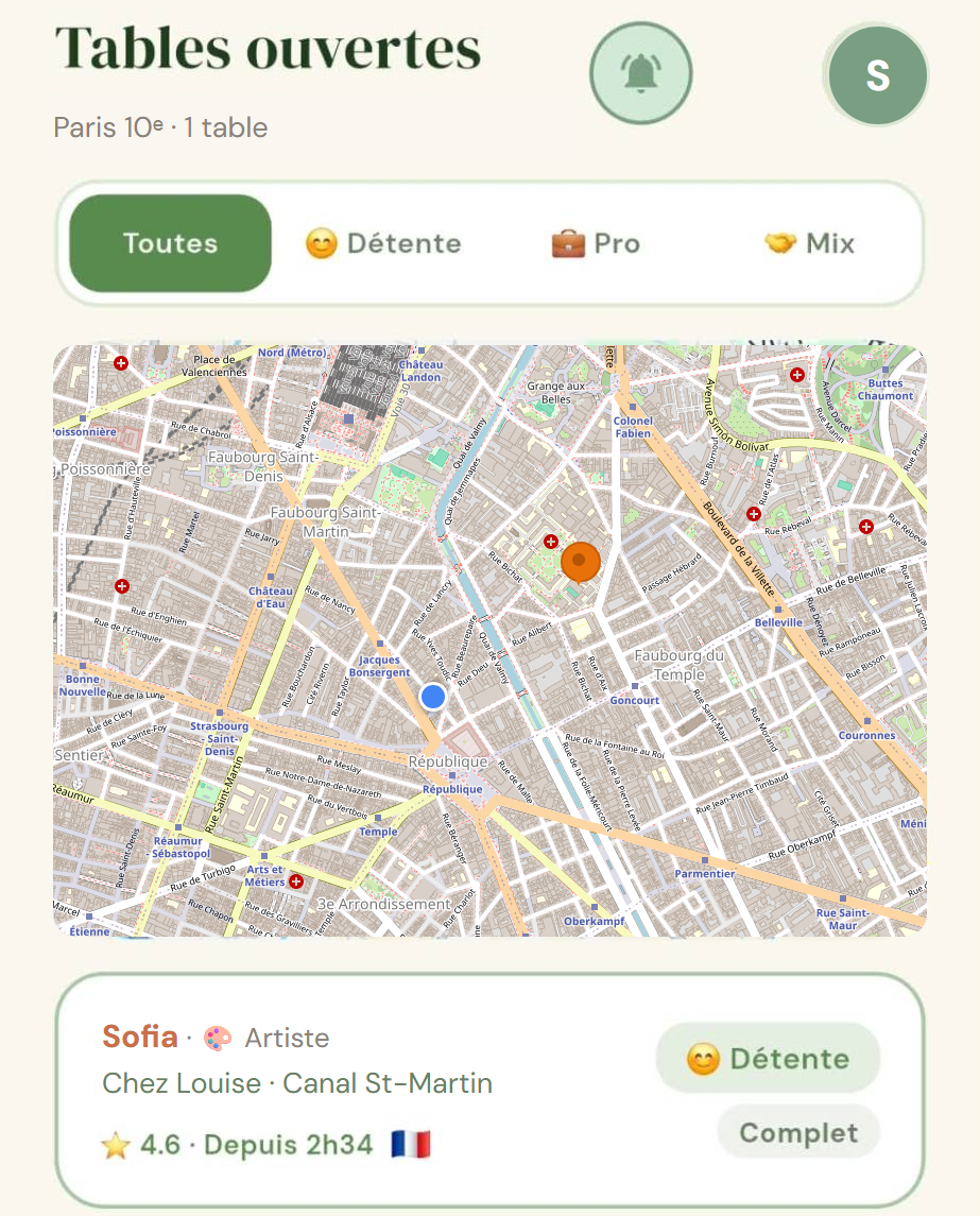 L'app Tinble : carte des tables ouvertes autour de soi